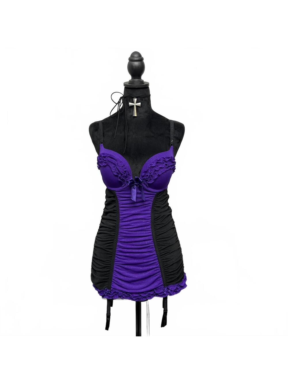 Y2K La Senza Sz M Sparkly Purple & Black Ruffled Babydoll Push Up Bra Goth